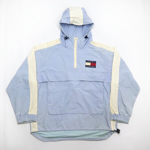 Vintage 90s TOMMY HILFIGER Packable Cagoule Outdoor Windbreaker Hoodie Jacket Half Zipper Size Large