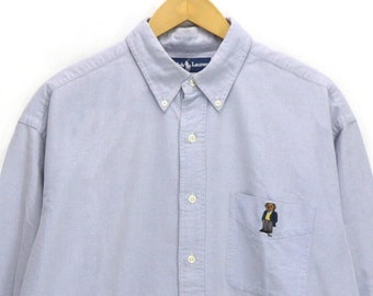 Vintage POLO BEAR by RALPH Lauren Blake Shirt Blue Oxford Button Down Mens Long Sleeve Polo Bear Mini logo Embroidered