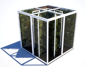 May include: A white metal cube structure with a black base and clear glass panels. The cube is filled with green plants and vines.
