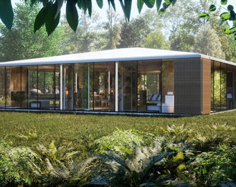 May include: A modern, single-story house with large windows and a flat roof. The house is surrounded by trees and grass.