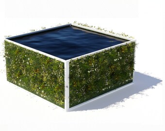 May include: A square-shaped pool with a white frame surrounded by green plants and white flowers. The pool is filled with blue water.