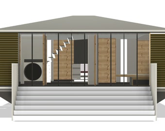 May include: A cutaway view of a modern home with a wooden exterior and interior. The home features a staircase, a large window, and a wooden door.