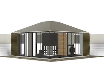 May include: A modern, gray-roofed, glass-walled structure with wooden siding and a concrete patio. The structure has a large window in the back and a door on the right side.