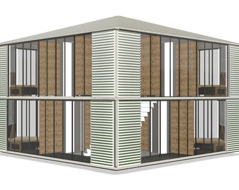May include: A two-story modern house with large windows and a green slatted exterior. The house has a simple design with a flat roof and a modern aesthetic.
