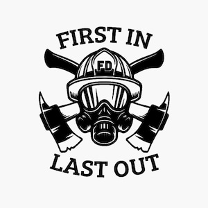 Brandweer First In Last Out, brandweerhelm en bijlen - SVG, EPS, png en meer