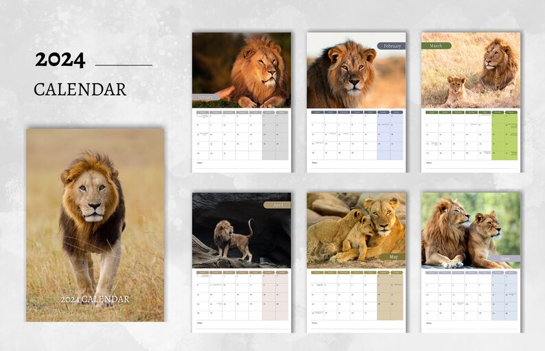 Lion Calendar 2024 Monthly Wall Calendar A4 Hanging Etsy