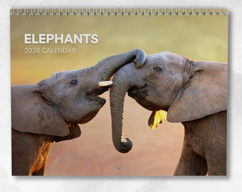 Elefanten-Kalender 2026: Wandkalender, Monatskalender, mit Notizen, kann geöffnet werden bis zum Format A3, mit wichtigen Terminen & Feiertagen