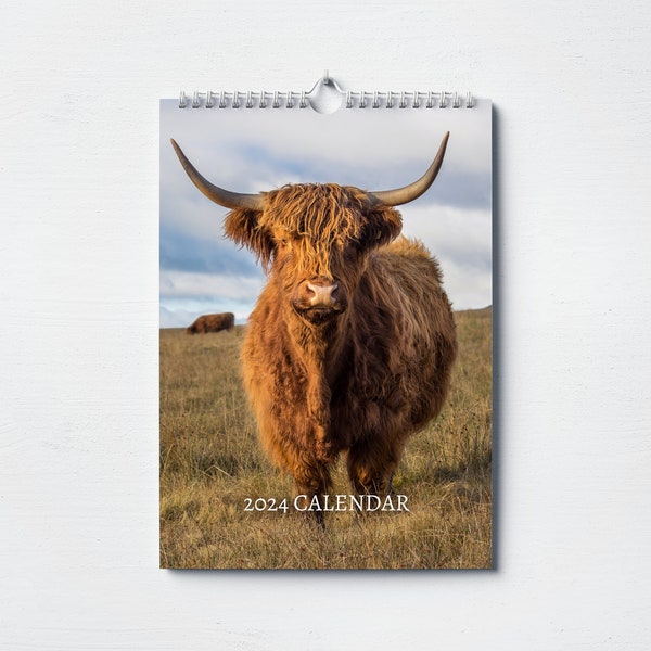 Highland Kuh Kalender 2024 | Wandkalender pro Monat, A4 | Kalender zum Aufhängen Perfektes Geschenk für Highland Cow Liebhaber