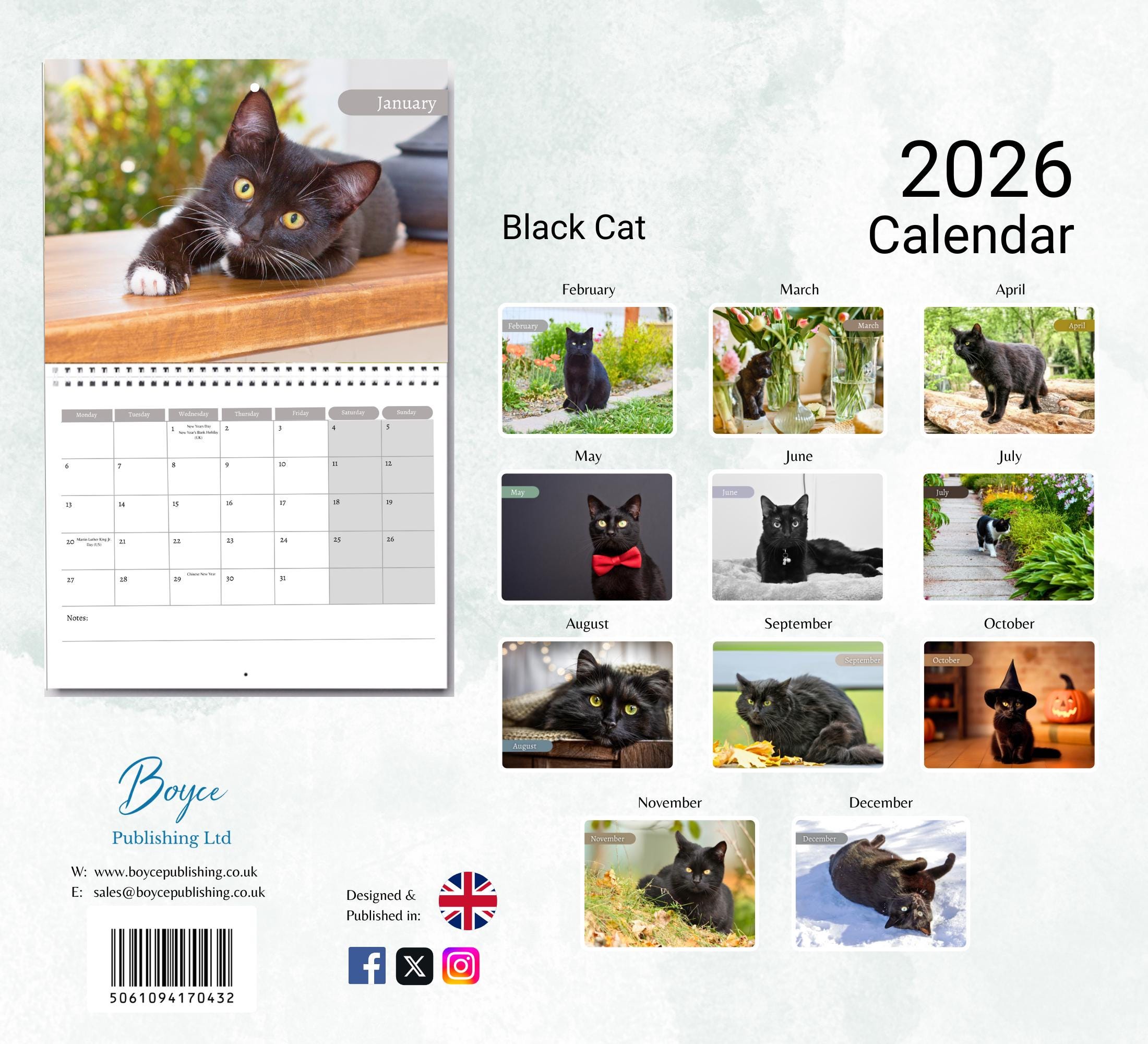 Calendario 2026 Da Parete Con Gatto Nero - Formato A4, Mensile, Con Festività E Spazio Per Appunti