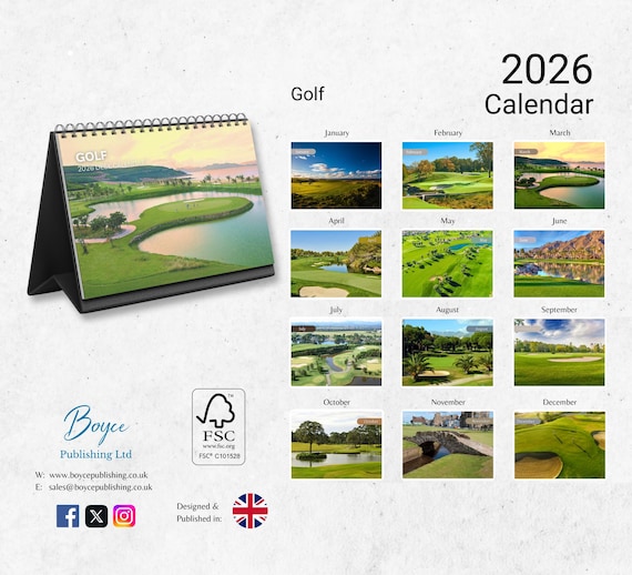 ゴルフ卓上カレンダー 2026-2027：厚紙を使用したスタンド式フリップ