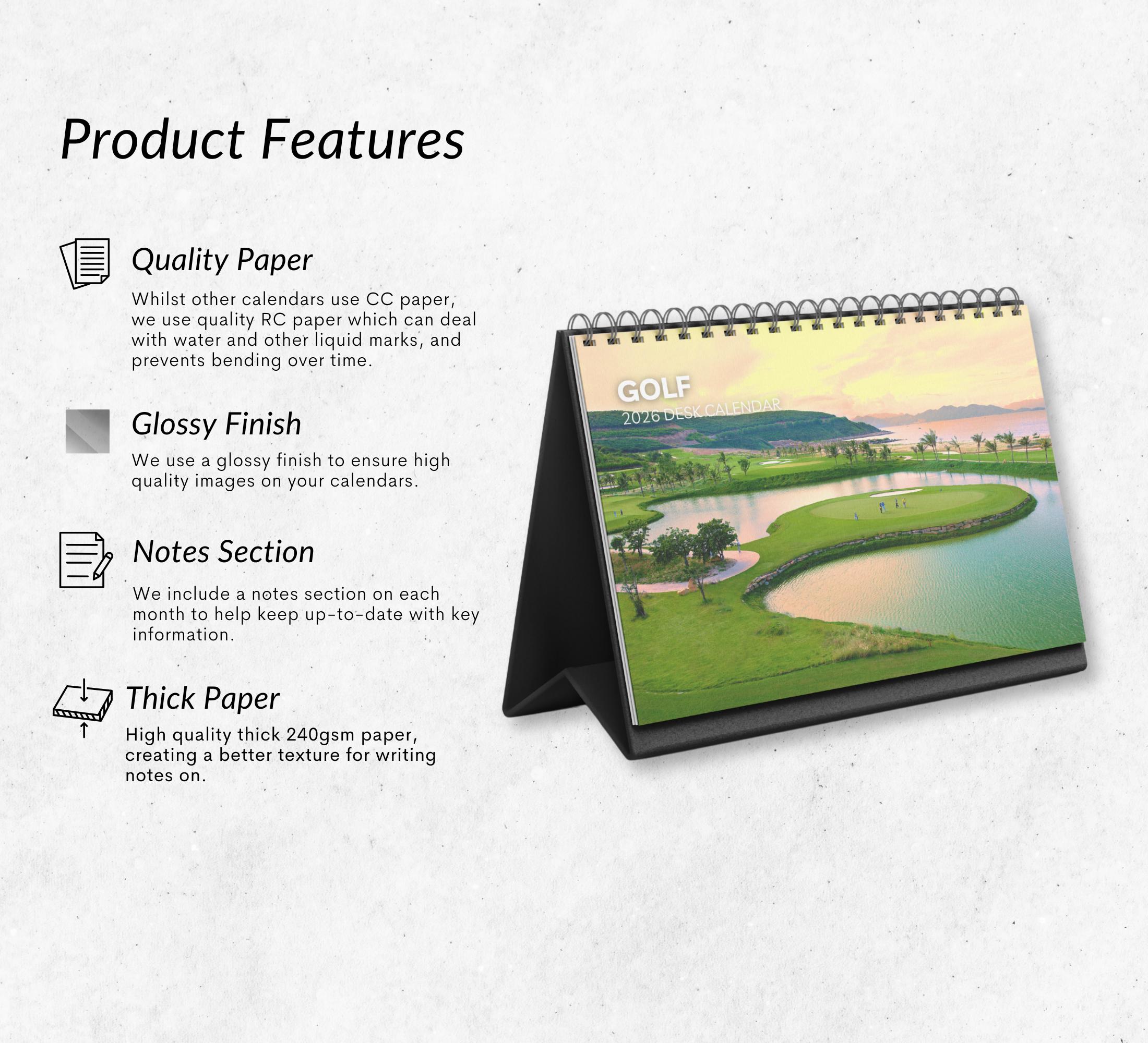 ゴルフ卓上カレンダー 2026-2027：厚紙を使用したスタンド式フリップ