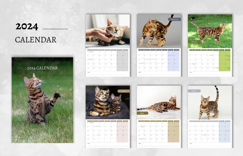 Bengal Cat Calendar 2024 Monthly Wall Calendar, A4 Size Hanging