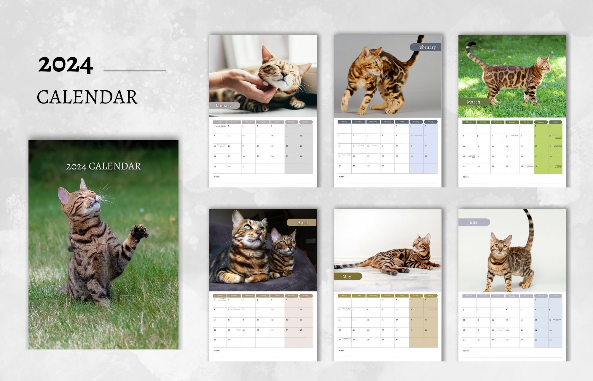 Bengal Cat Calendar 2024 Monthly Wall Calendar A4 Size Etsy