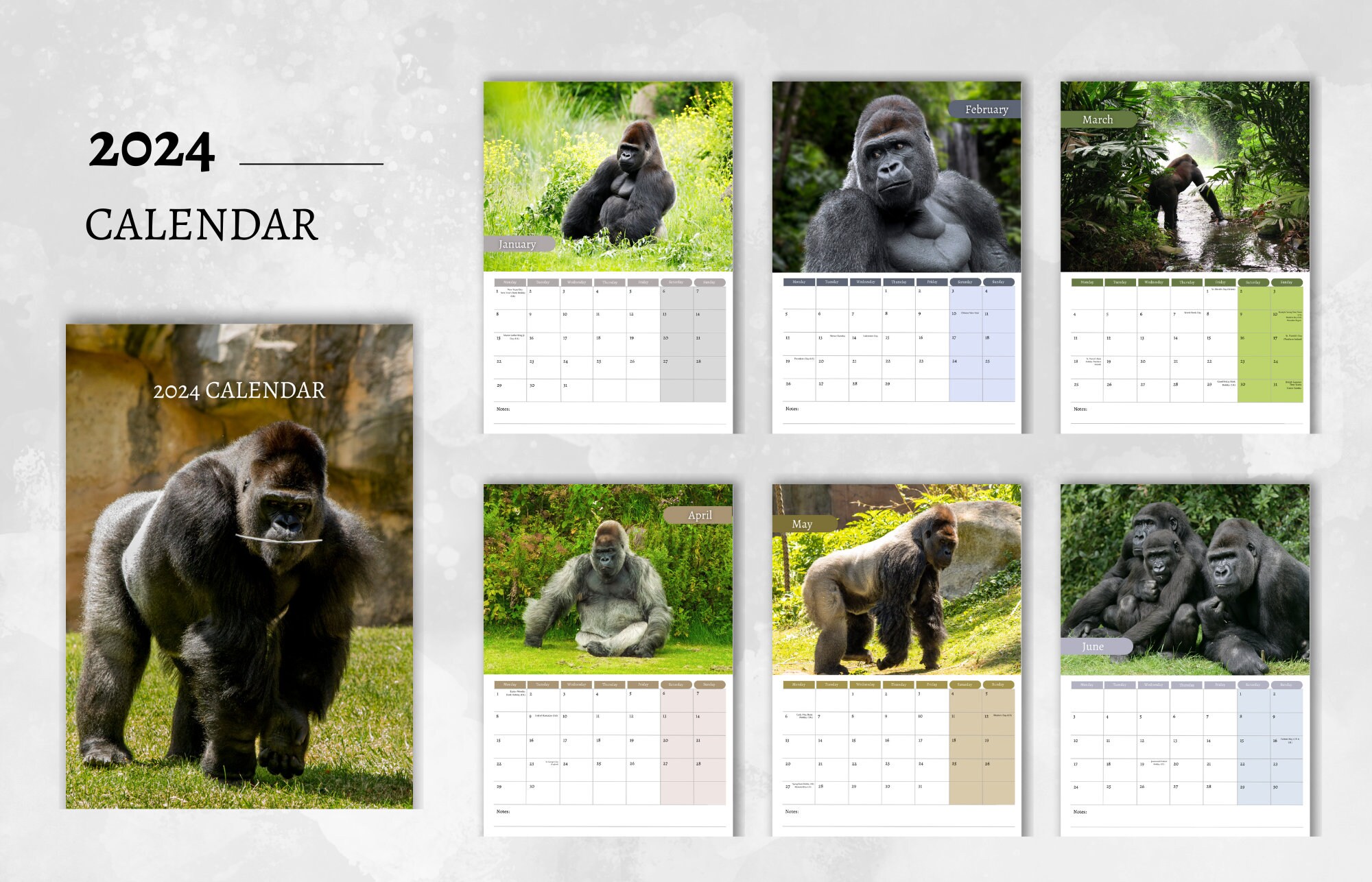 Gorilla Calendar 2024 Monthly Wall Calendar A4 Hanging Etsy UK