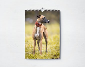 Calendrier des lévriers 2024 | Calendrier mural mensuel, A4 | Calendrier suspendu | Cadeau parfait pour les amateurs de Greyhound