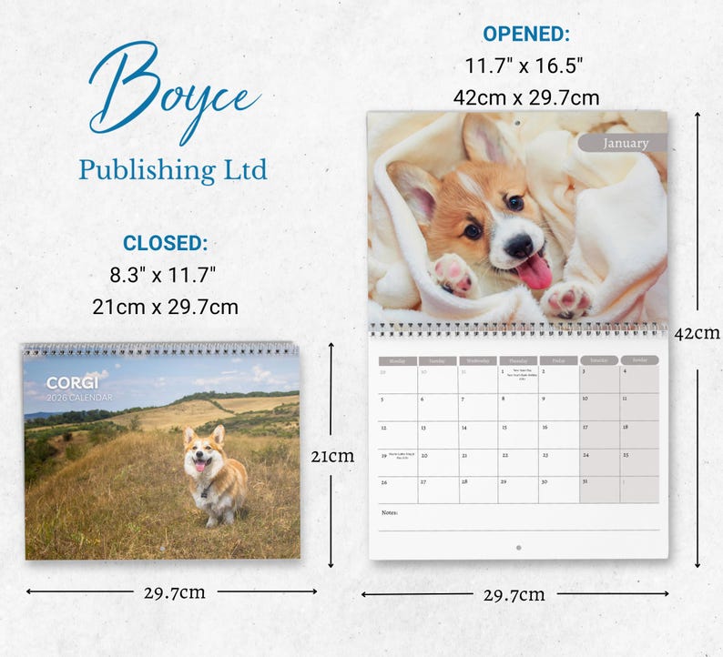 Corgi Calendar 2026: Monthly Wall Calendar With Notes, Opens to A3 Size ...