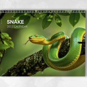 May include: A wall calendar with a spiral binding featuring a vibrant green and yellow snake coiled on a dark tree branch. The text SNAKE 2027 CALENDAR is printed in white in the upper left corner against a blurred green foliage background.