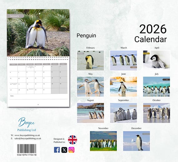 ペンギンカレンダー 2026: メモ付き月間壁掛けカレンダー、A3サイズ