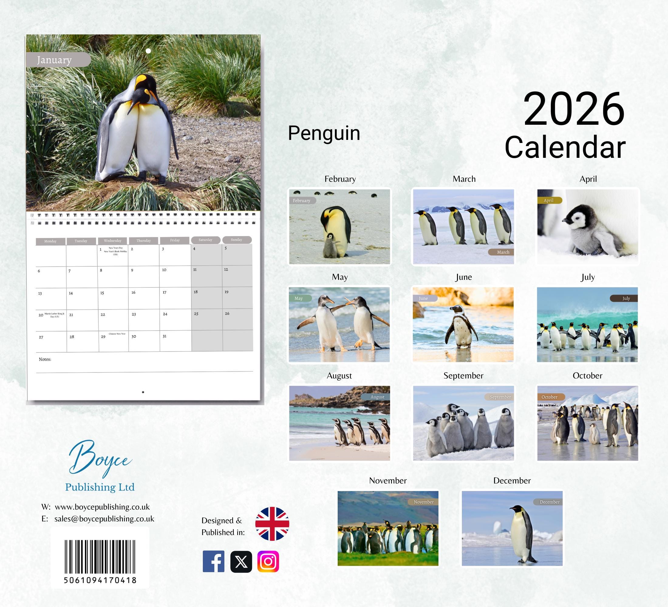 ペンギンカレンダー 2026: メモ付き月間壁掛けカレンダー、A3サイズ