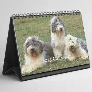 Calendario de escritorio con diseño de perro pastor inglés antiguo 2025-2026: calendario de escritorio plegable de pie con papel grueso (15,25 cm x 22 cm, similar a A5)