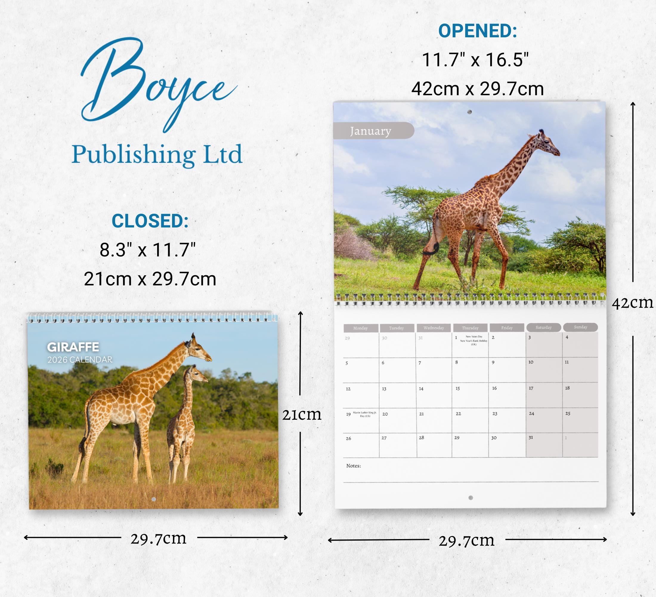 キリンカレンダー 2026: メモ付き月間壁掛けカレンダー、A3サイズ