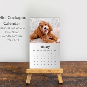 Può includere: Calendario Mini Cockapoo con cavalletto in legno opzionale. Le dimensioni della scheda del calendario sono 7,6 cm di larghezza x 12,7 cm di altezza. Il calendario presenta una foto di un cane Cockapoo e il mese di gennaio. Il calendario è su un cavalletto di legno.