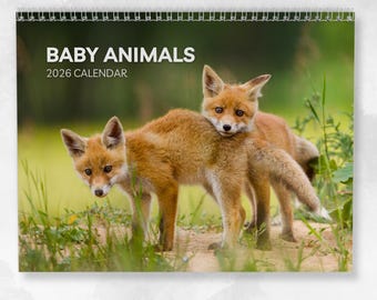 Baby-Tiere-Kalender 2026: Monatlicher Wandkalender mit Notizen, kann geöffnet werden bis zum Format A3, mit wichtigen Terminen und Feiertagen