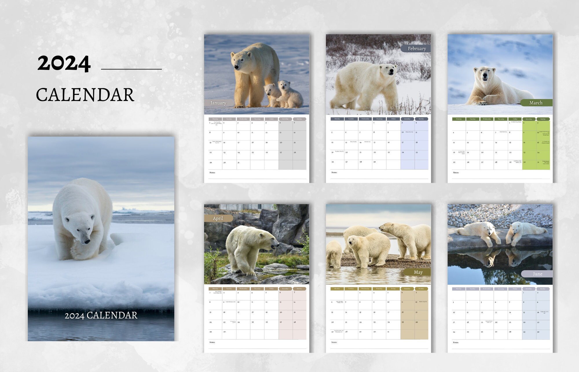 Polar Bear Calendar 2024 Monthly Wall Calendar, A4 Hanging Calendar