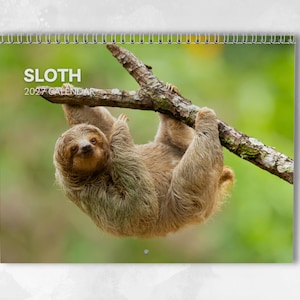May include: A 2027 wall calendar featuring a photograph of a brown sloth hanging from a tree branch. The text SLOTH 2027 CALENDAR is printed in white in the upper left corner. The calendar is bound with a silver wire coil at the top edge.