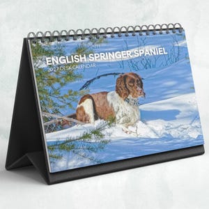 May include: A 2027 desk calendar with a black spiral binding and a black stand. The cover features a photograph of a brown and white English Springer Spaniel dog sitting in the snow, with the text ENGLISH SPRINGER SPANIEL 2027 DESK CALENDAR.