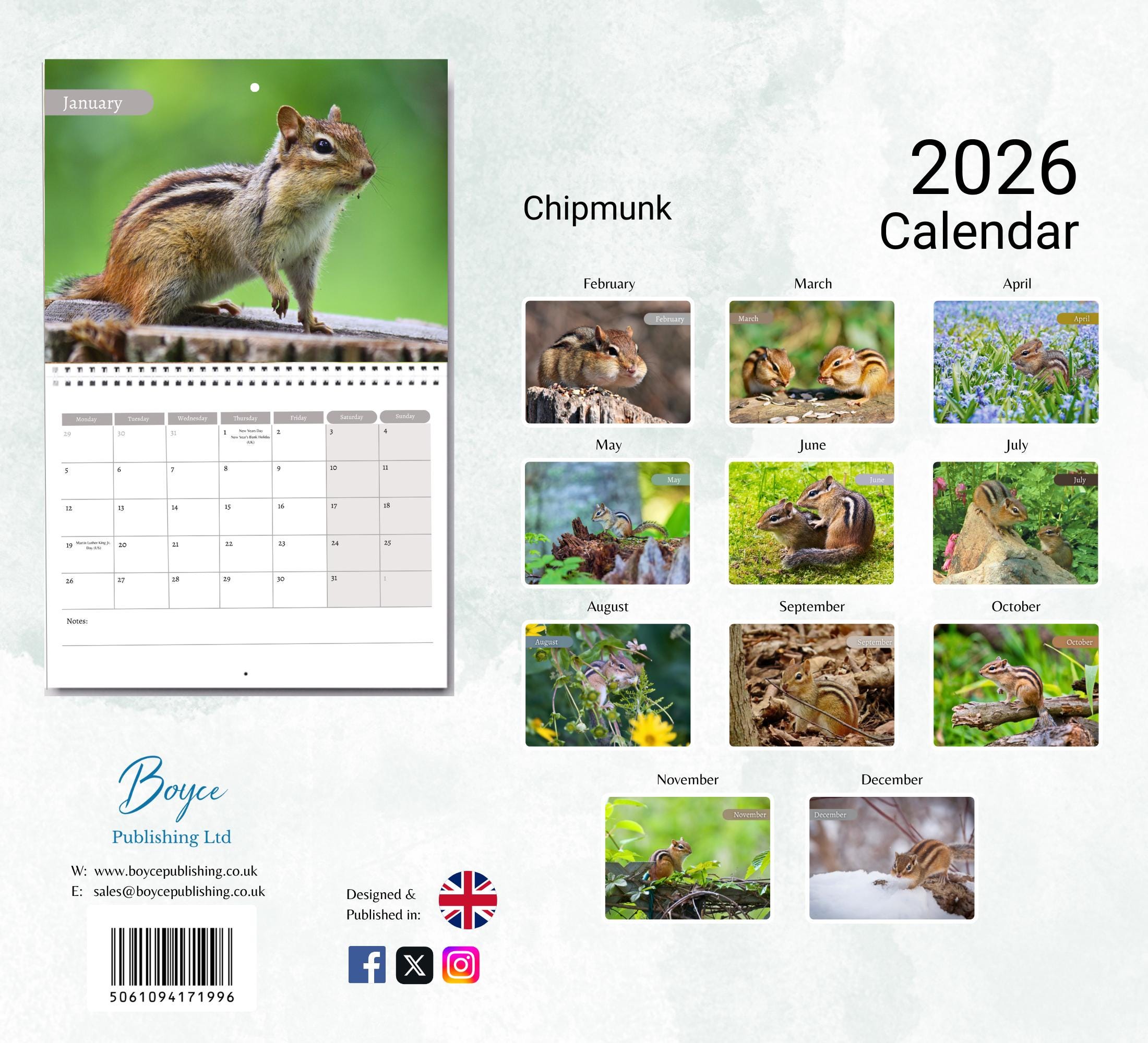 シマリスカレンダー 2026: メモ付き月間壁掛けカレンダー、A3サイズ