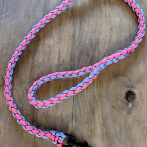 Puede incluir: Una correa para perro trenzada de color rosa y morado con un clip de metal negro.