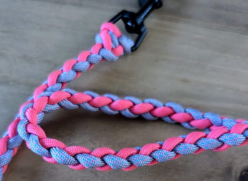 Puede incluir: Una correa de perro trenzada con un esquema de color rosa y azul. La correa est&aacute; unida a un clip de metal negro.