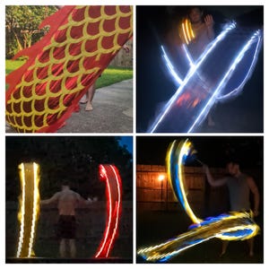 Puede incluir: Un collage de cuatro im&aacute;genes que muestran diferentes t&eacute;cnicas de pintura con luz. La primera imagen muestra una cola de drag&oacute;n roja y amarilla. La segunda imagen muestra a una persona sosteniendo una varita luminosa y creando un rastro de luz blanca. La tercera imagen muestra a una persona sosteniendo dos varitas luminosas y creando un rastro de luz roja y amarilla. La cuarta imagen muestra a una persona sosteniendo una varita luminosa y creando un rastro de luz azul y amarilla.