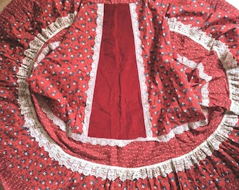 Vintage 70's Gunne Sax Full Circle Red/Floral Cottagecore Calico Velour Skirt with Lace Trim - Boho folk Maxi Skirt - Rustic Skirt - Sz 9
