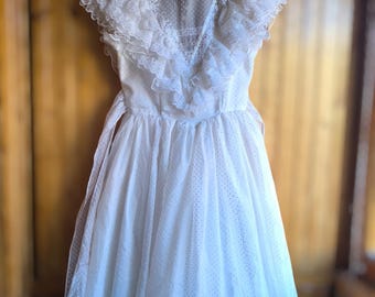Vintage 70's Gunne Sax white wedding dress with polka dot lace, ruffle illusion neckline, bow tie accent