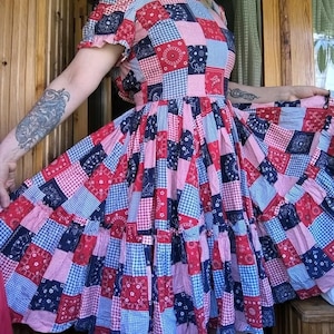 Handmade Vintage Patchwork Dress with Full Circle Skirt — Unique Boho Retro Style, Colorful Artisan One-of-a-Kind Summer Dress Sz L