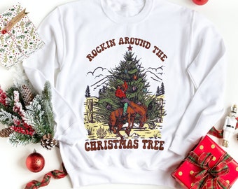 ROCKIN' around the Christmas Tree Sweatshirt | Cute Cowboy Shirt | Gifts for Women | Christmas Gifts for Her | Trendy Christmas Sweater