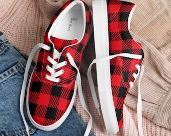 Black & Red Canvas Shoes, Shoes for Women, Plaid Canvas Shoes, Trending Shoes for Women, Chic Shoes, Cute Canvas Shoe, Christmas Shoe