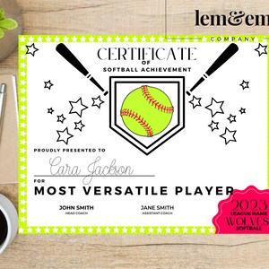 SOFTBALL CERTIFICATE softball awards girls softball softball print digital print digital download softball softball participation award cute