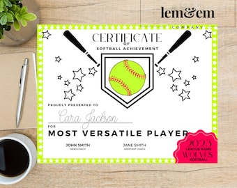 SOFTBALL CERTIFICATE softball awards girls softball softball print digital print digital download softball softball participation award cute