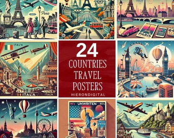 Reseposters med länder, 24 delar. Retro reseposters om länder