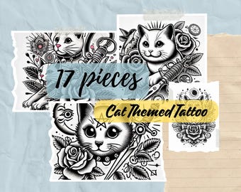 Katttatueringsdesign, 17 professionella tatueringsdesigner med katttema, 17 delar .jpg-tatueringsdesigner