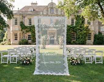 Placa de boas-vindas para casamento em renda, placa personalizada em tecido transparente de renda para casamento, banner romântico para casamento, painéis e adereços para casamento, fabricado no Reino Unido.