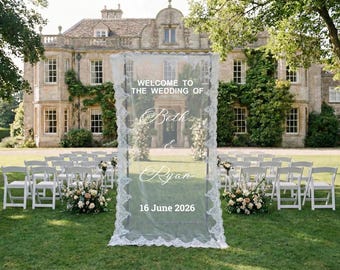Spitze Hochzeit Willkommensschild, benutzerdefinierte schiere Hochzeit Kulisse, romantische Hochzeit Banner, Stoff Willkommensschild, Hochzeitsdekoration