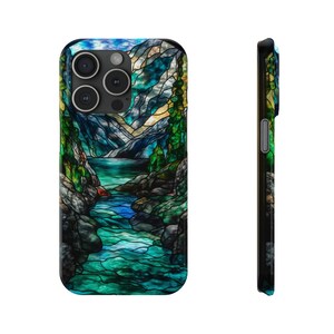 Mosaic Super Slim Phone Case Unique Stained Glass River Mountain Nature Lifestyle Gift For iPhone 15 Plus 14 Pro Max 13