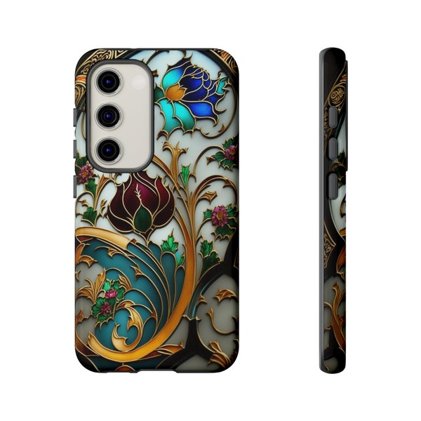 Traditional Tough Phone Case Stained Glass Floral Durable Elegant Cover for iPhone 15, S23, Ultra, Plus, 22, 21 FE, 20