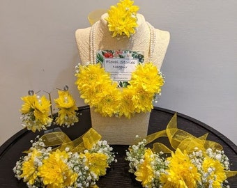 Joyería de flores artificiales hecha a mano, conjunto de joyas florales para dama de honor nupcial para mujeres, boda Haldi de niña, regalo de joyería floral nocturna Mehndi
