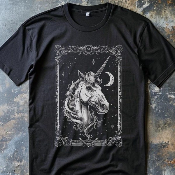 Gothic Einhorn T-Shirt Unisex,Mittelalterlich Schwarzes Shirt,Whimsigoth Dark Fairycore Shirt,Dark Cottagecore Coquette Lolita T-Shirt Goth