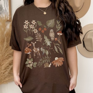 Vintage Cottagecore T-Shirt,Dark Forest Illustration Boho T Shirt,Nature Botanical Shirt Garden Lover Fall Aesthetic Green Witch